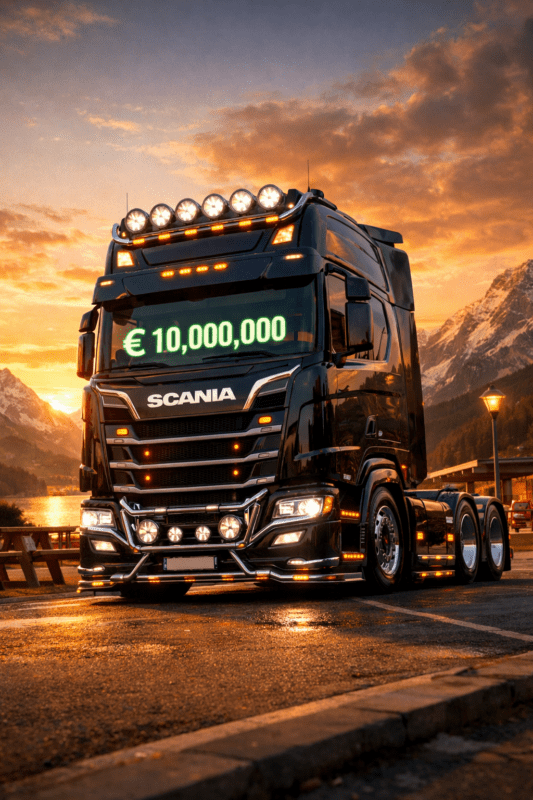 A powerful, custom-painted truck parked at a scenic European rest stop at sunset, its dashboard displaying a 10 million euro balance, symbolizing the freedom achieved with the ETS 2 money cheat.