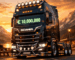 A powerful, custom-painted truck parked at a scenic European rest stop at sunset, its dashboard displaying a 10 million euro balance, symbolizing the freedom achieved with the ETS 2 money cheat.